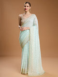 Sky Blue Georgette Sequins Embroidered Designer Saree with Blouse