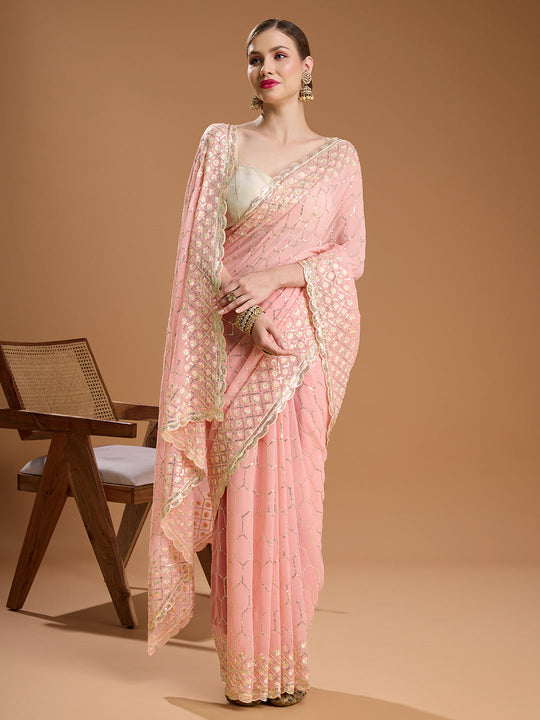Peach Georgette Sequins Embroidered Designer Saree with Blouse