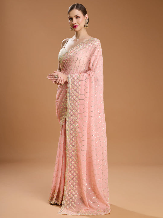 Peach Georgette Sequins Embroidered Designer Saree with Blouse