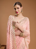 Peach Georgette Sequins Embroidered Designer Saree with Blouse