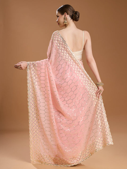 Peach Georgette Sequins Embroidered Designer Saree with Blouse