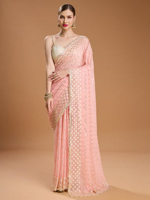 Peach Georgette Sequins Embroidered Designer Saree with Blouse