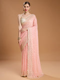 Peach Georgette Sequins Embroidered Designer Saree with Blouse