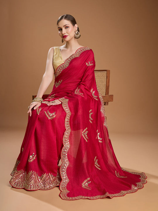 Maroon Chiffon Satin Sequins Embroidered Designer Saree with Blouse