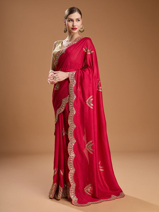 Maroon Chiffon Satin Sequins Embroidered Designer Saree with Blouse