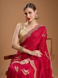 Maroon Chiffon Satin Sequins Embroidered Designer Saree with Blouse