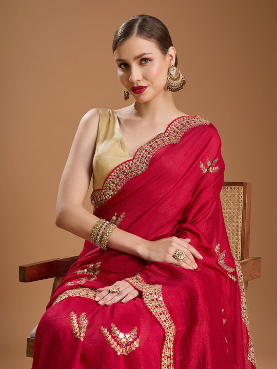 Maroon Chiffon Satin Sequins Embroidered Designer Saree with Blouse