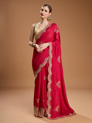 Maroon Chiffon Satin Sequins Embroidered Designer Saree with Blouse