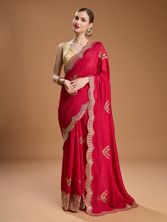 Maroon Chiffon Satin Sequins Embroidered Designer Saree with Blouse