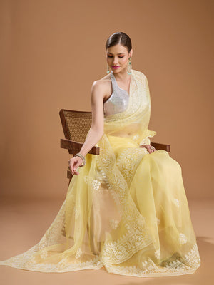 Yellow Net Sequins Embroidered Designer Saree with Blouse
