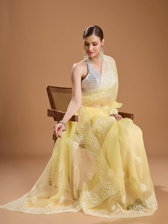Yellow Net Sequins Embroidered Designer Saree with Blouse