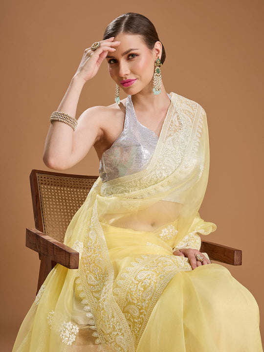 Yellow Net Sequins Embroidered Designer Saree with Blouse