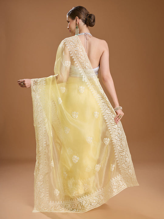 Yellow Net Sequins Embroidered Designer Saree with Blouse