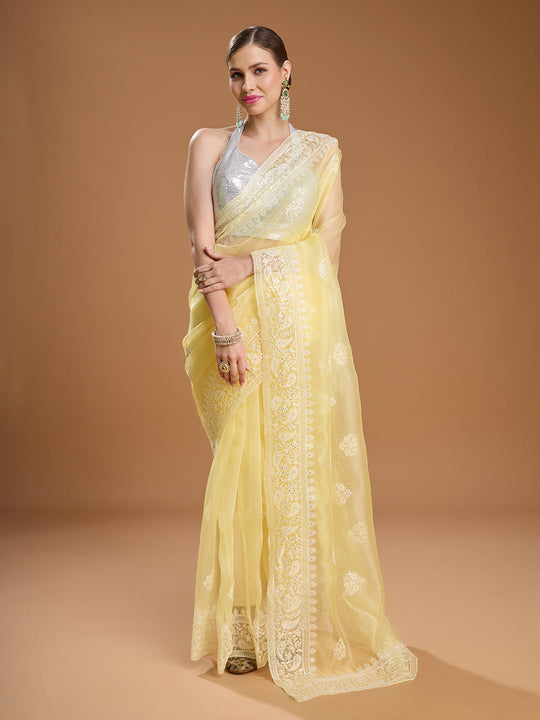 Yellow Net Sequins Embroidered Designer Saree with Blouse