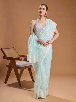 Sky Blue Net Sequins Embroidered Designer Saree with Blouse