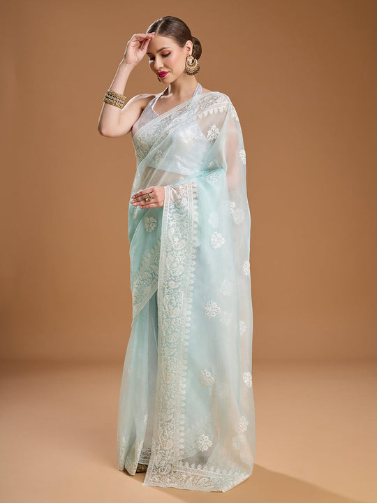 Sky Blue Net Sequins Embroidered Designer Saree with Blouse