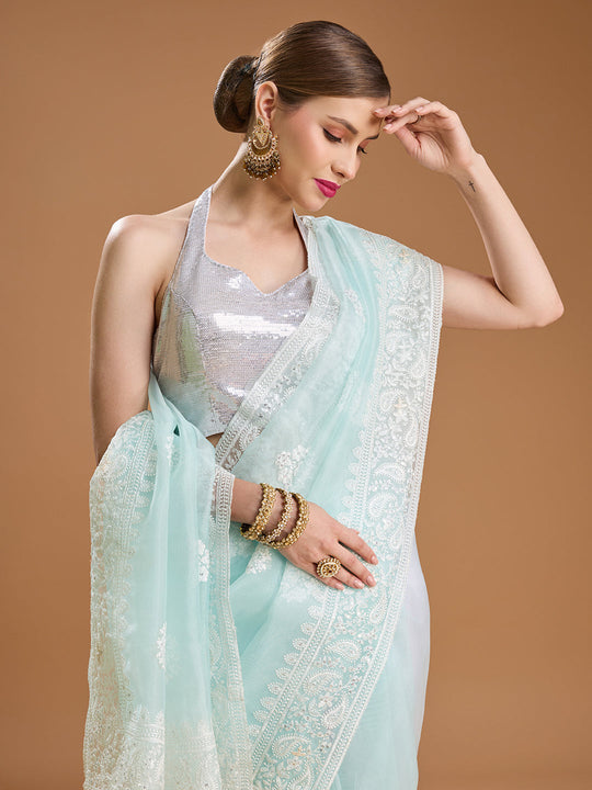 Sky Blue Net Sequins Embroidered Designer Saree with Blouse
