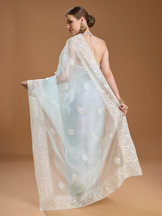 Sky Blue Net Sequins Embroidered Designer Saree with Blouse