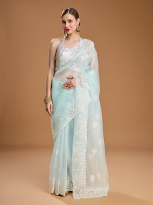 Sky Blue Net Sequins Embroidered Designer Saree with Blouse