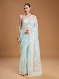 Sky Blue Net Sequins Embroidered Designer Saree with Blouse