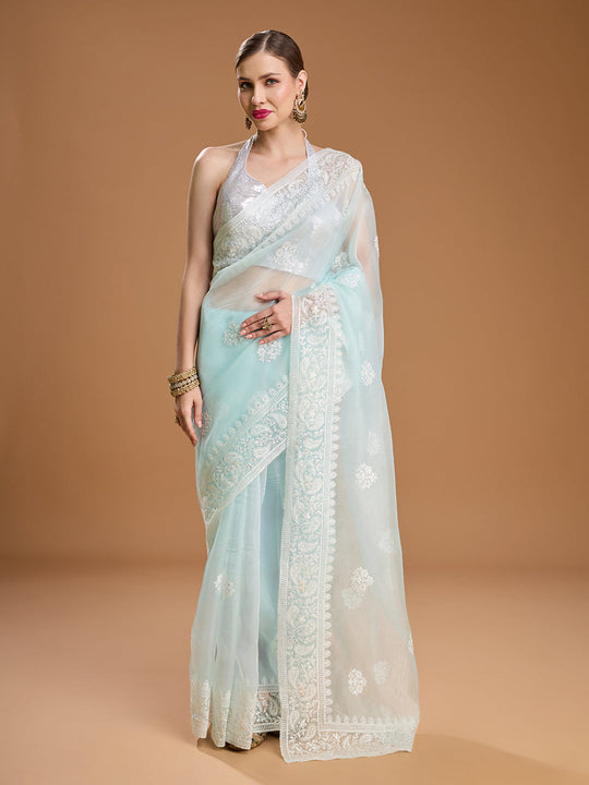 Sky Blue Net Sequins Embroidered Designer Saree with Blouse