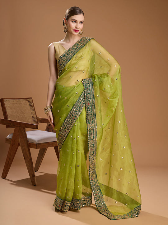 Green Organza Sequins Embroidered Designer Saree with Blouse