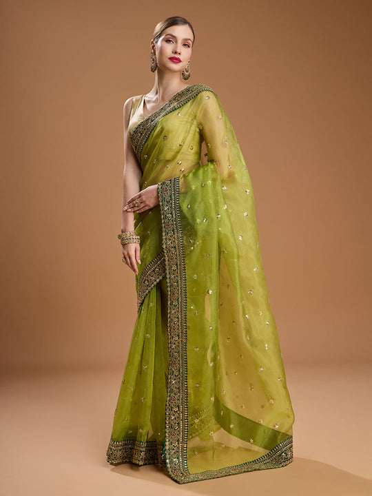 Green Organza Sequins Embroidered Designer Saree with Blouse