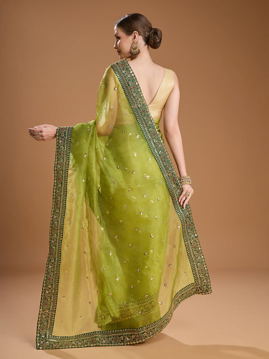 Green Organza Sequins Embroidered Designer Saree with Blouse