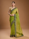 Green Organza Sequins Embroidered Designer Saree with Blouse