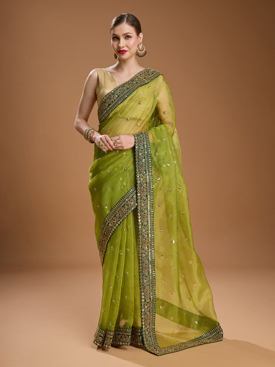 Green Organza Sequins Embroidered Designer Saree with Blouse