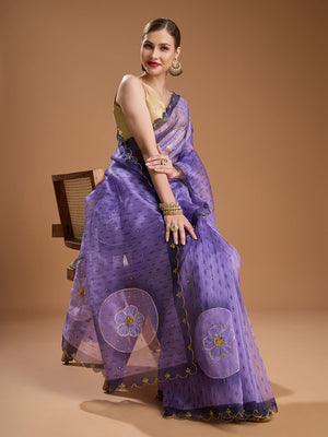 Purple Organza Sequins Embroidered Designer Saree with Blouse