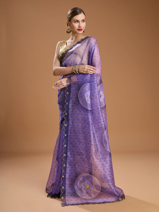 Purple Organza Sequins Embroidered Designer Saree with Blouse