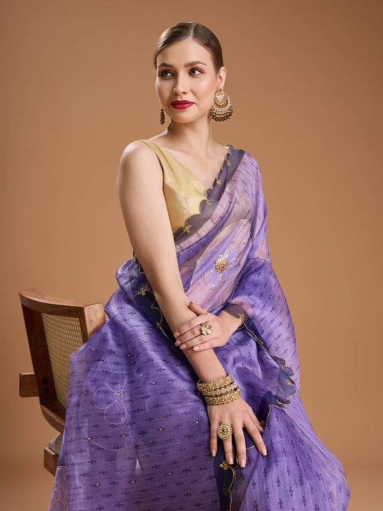 Purple Organza Sequins Embroidered Designer Saree with Blouse