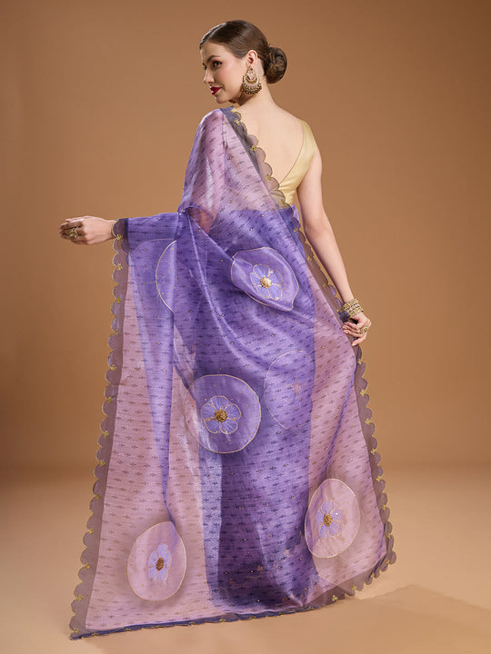 Purple Organza Sequins Embroidered Designer Saree with Blouse