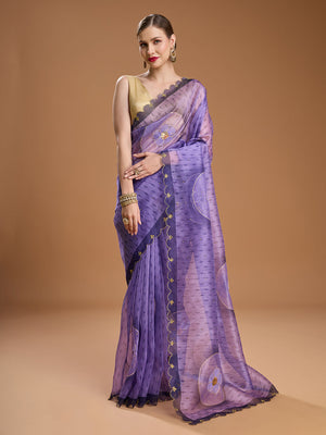 Purple Organza Sequins Embroidered Designer Saree with Blouse