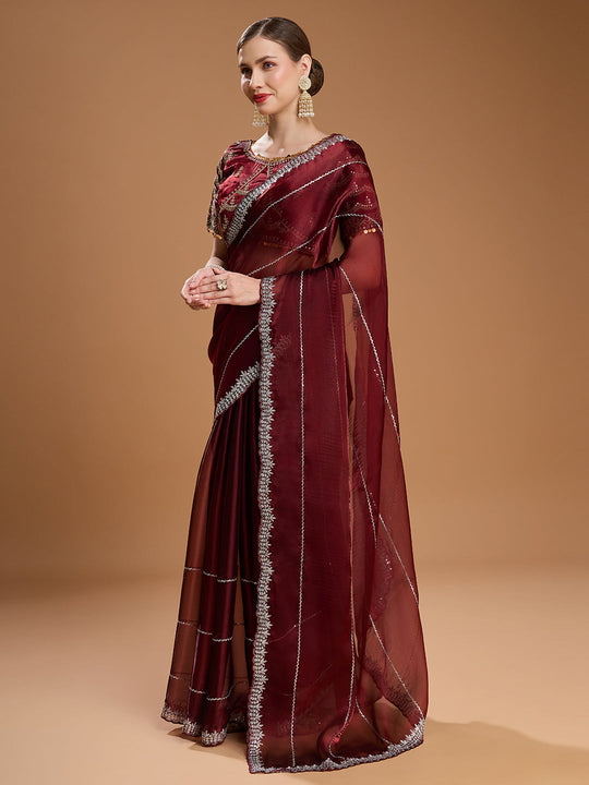 Brown Jimmy Choo Sequins Embroidered Designer Saree with Blouse