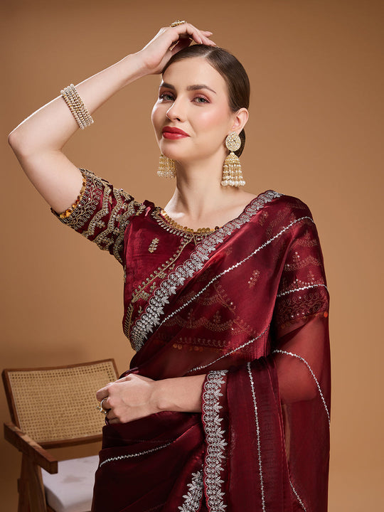 Brown Jimmy Choo Sequins Embroidered Designer Saree with Blouse