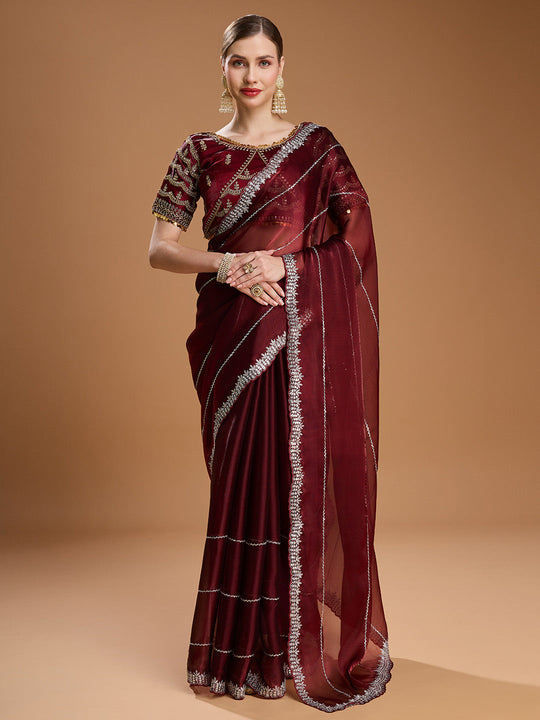 Brown Jimmy Choo Sequins Embroidered Designer Saree with Blouse