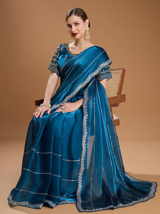Teal Jimmy Choo Sequins Embroidered Designer Saree with Blouse