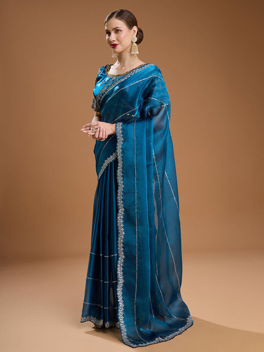Teal Jimmy Choo Sequins Embroidered Designer Saree with Blouse