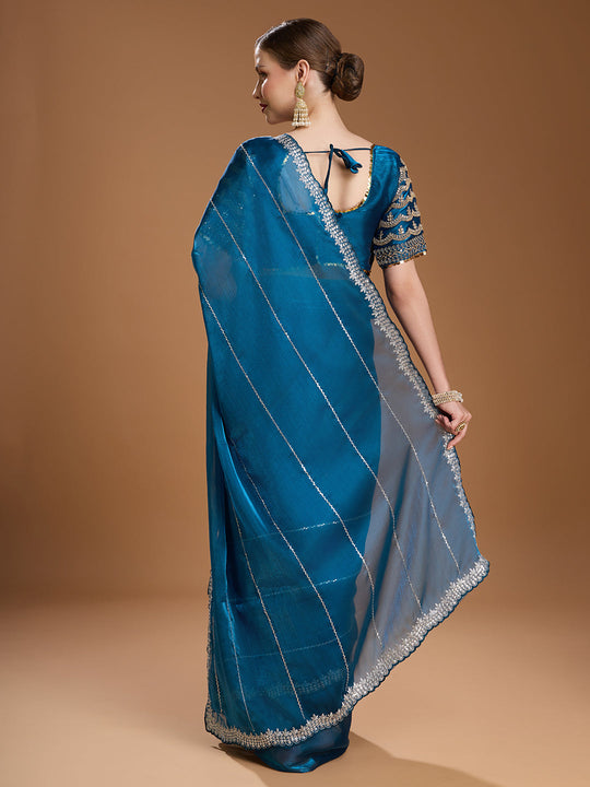 Teal Jimmy Choo Sequins Embroidered Designer Saree with Blouse