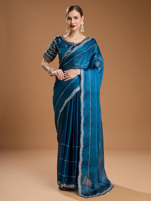 Teal Jimmy Choo Sequins Embroidered Designer Saree with Blouse