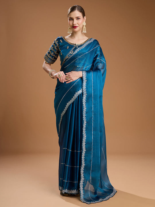 Teal Jimmy Choo Sequins Embroidered Designer Saree with Blouse