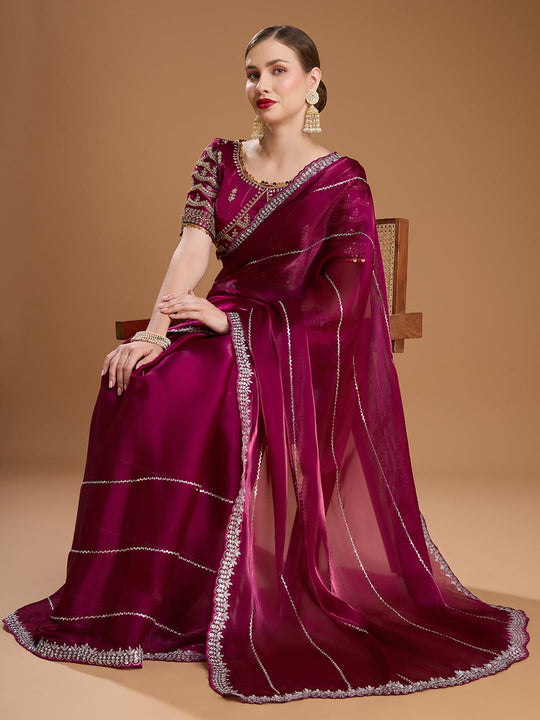Wine Jimmy Choo Sequins Embroidered Designer Saree with Blouse