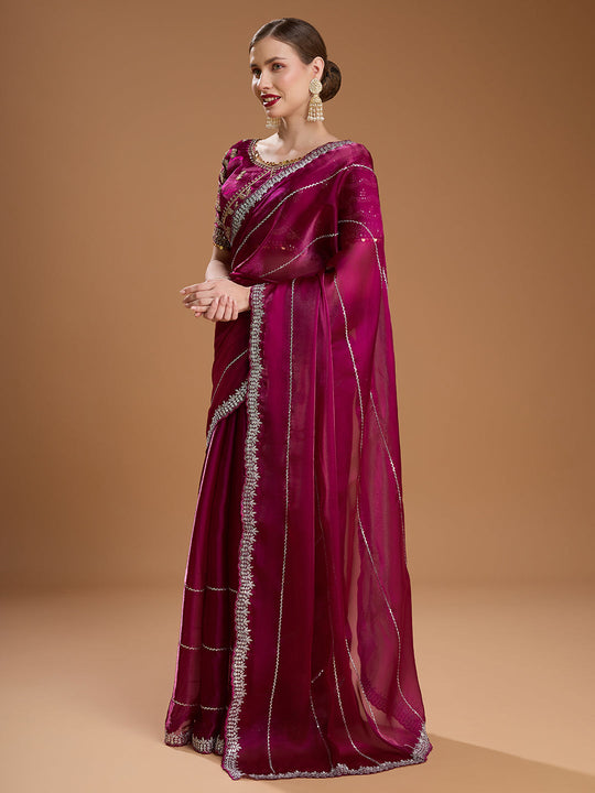 Wine Jimmy Choo Sequins Embroidered Designer Saree with Blouse