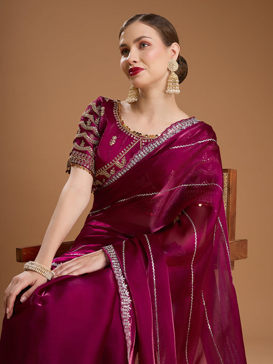 Wine Jimmy Choo Sequins Embroidered Designer Saree with Blouse