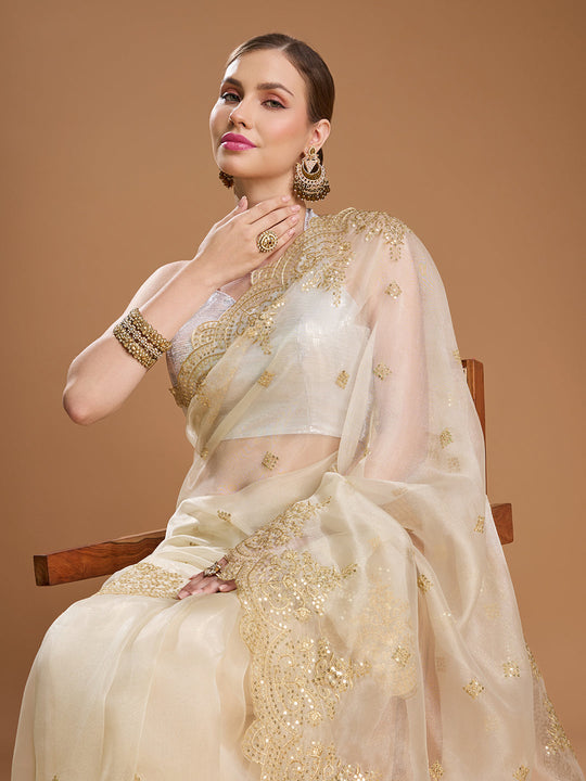 Cream Net Sequins Embroidered Designer Saree with Blouse