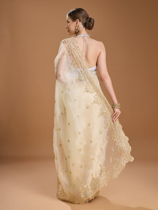 Cream Net Sequins Embroidered Designer Saree with Blouse