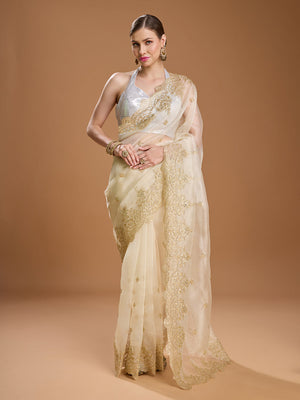 Cream Net Sequins Embroidered Designer Saree with Blouse