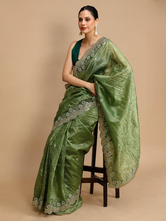 Mehendi Art Silk Sequins Embroidered Designer Saree with Blouse